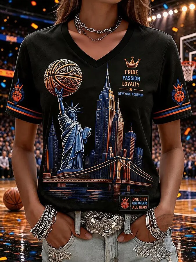 New York City Basketball Fan Shirt with Statue of Liberty and Skyline Graphic
