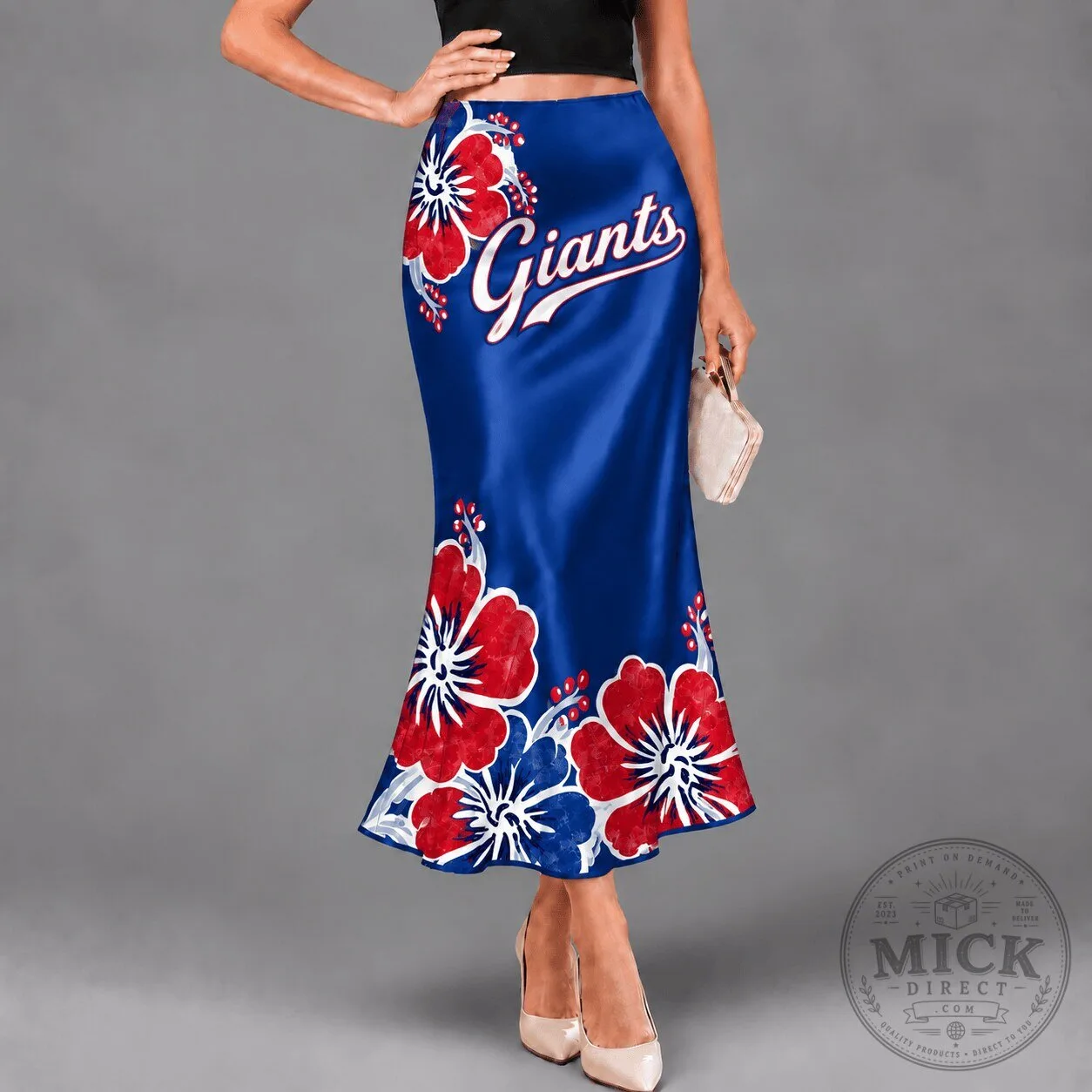 New York Giants Hibiscus Floral Print Blue High-Waisted Maxi Skirt