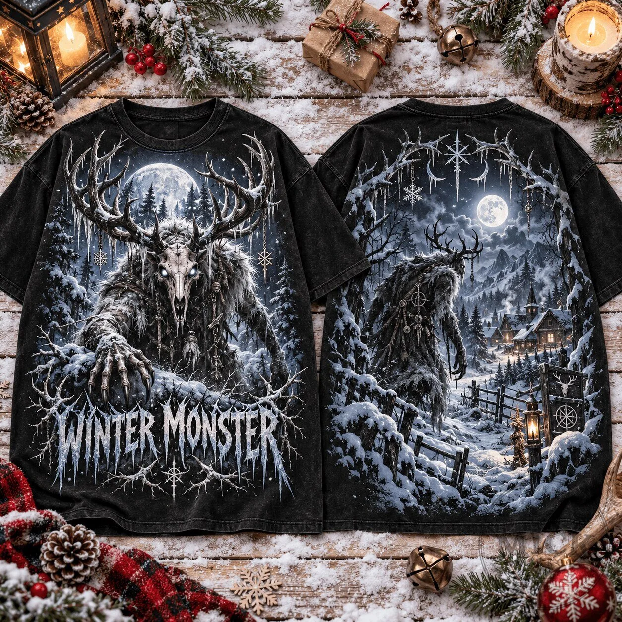 Winter Monster Antler Skull Dark Christmas Horror T-Shirt