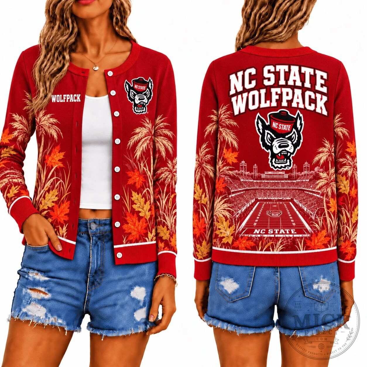 North Carolina State Wolfpack Football Stadium Autumn Leaves Cardigan