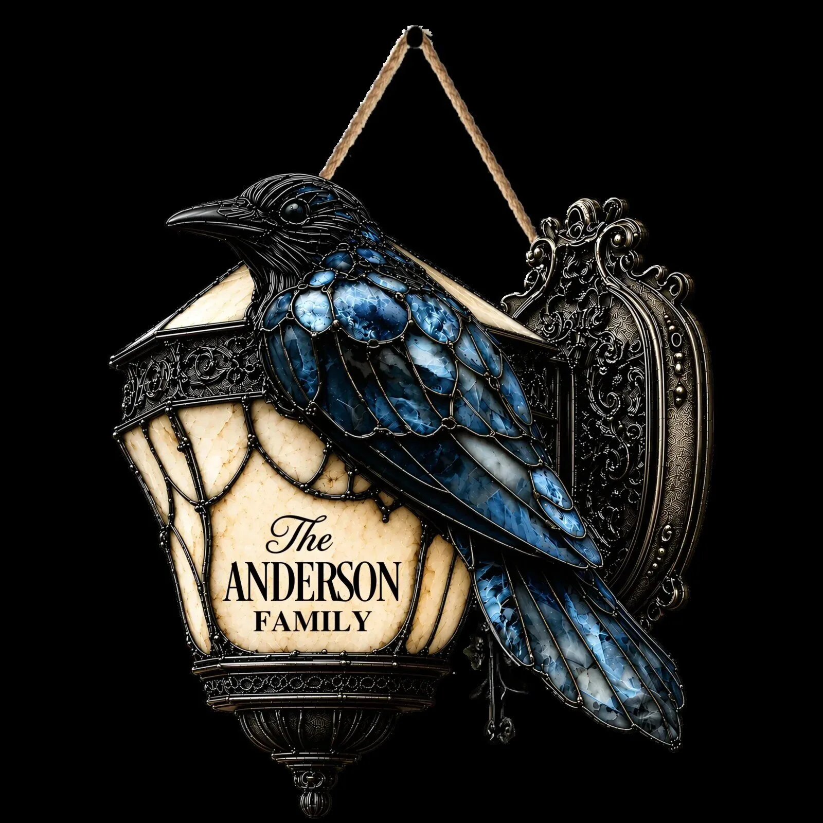 Personalized Family Name Raven Lantern Wall Art Plaque for Halloween Decor