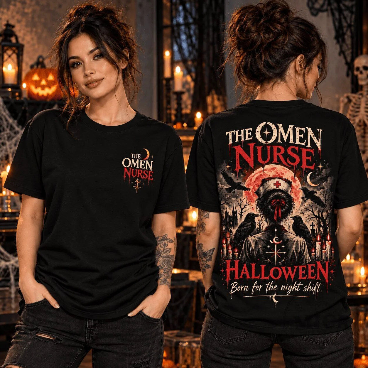The Omen Nurse Halloween Horror V-Neck for Spooky Night Shifts NTH1