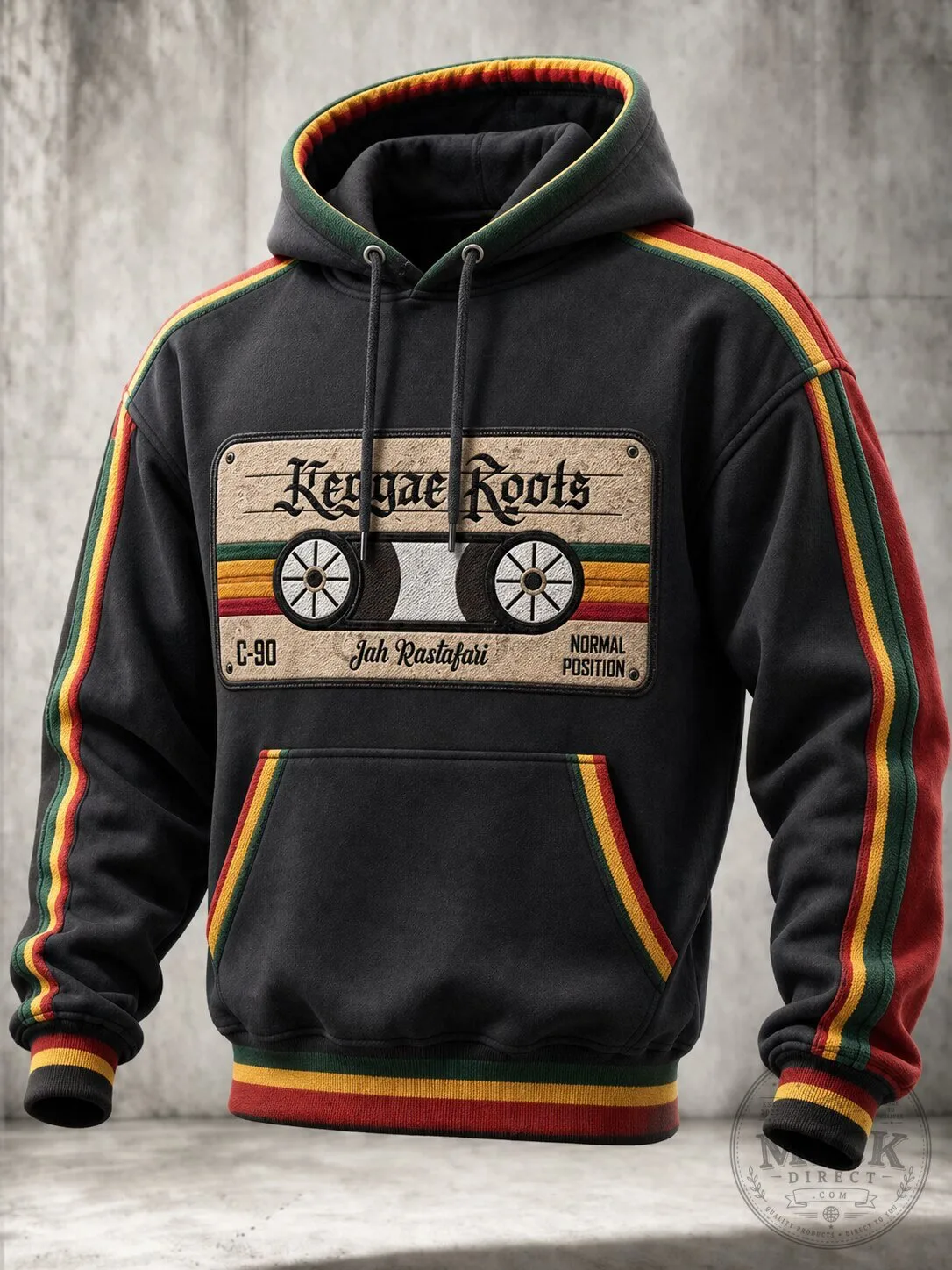 Reggae Roots Cassette Tape Design Black Hoodie with Rasta Stripes