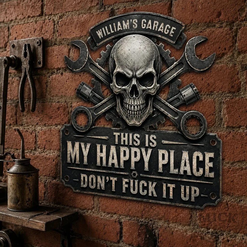 Happy Halloween Skull Garage Sign, This Is My Happy Place Metal Wall Art Decor Happy Halloween Skull Garage Sign, This Is My Happy Place Metal Wall Art Decor
