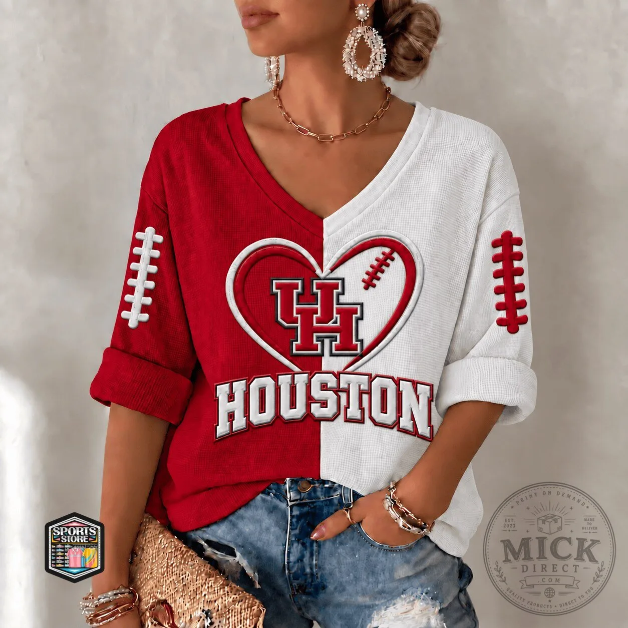 Houston Cougars Football Heart Split Color V-Neck Long Sleeve Shirt