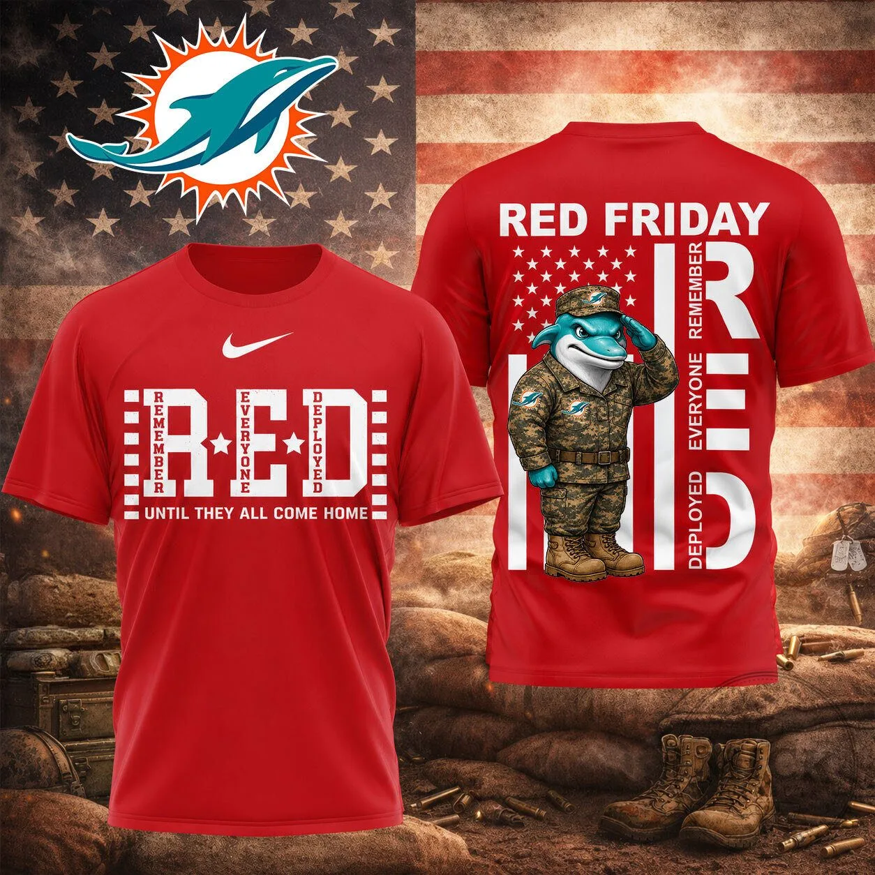 Red Friday Miami Dolphins Remember Everyone Deployed Military Tribute T-Shirt