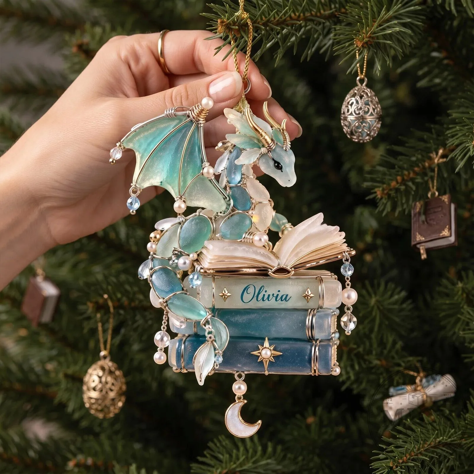 Personalized Dragon and Book Stack Christmas Tree Ornament with Custom Name