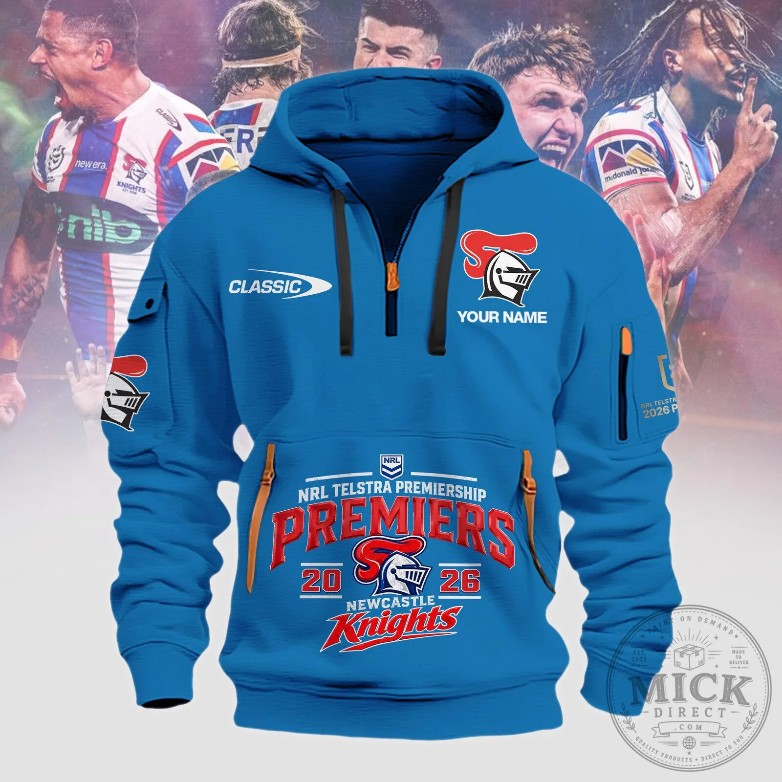 Newcastle Knights Rugby League Premiers 2026 Blue Hoodie 2 Newcastle Knights Rugby League Premiers 2026 Blue Hoodie