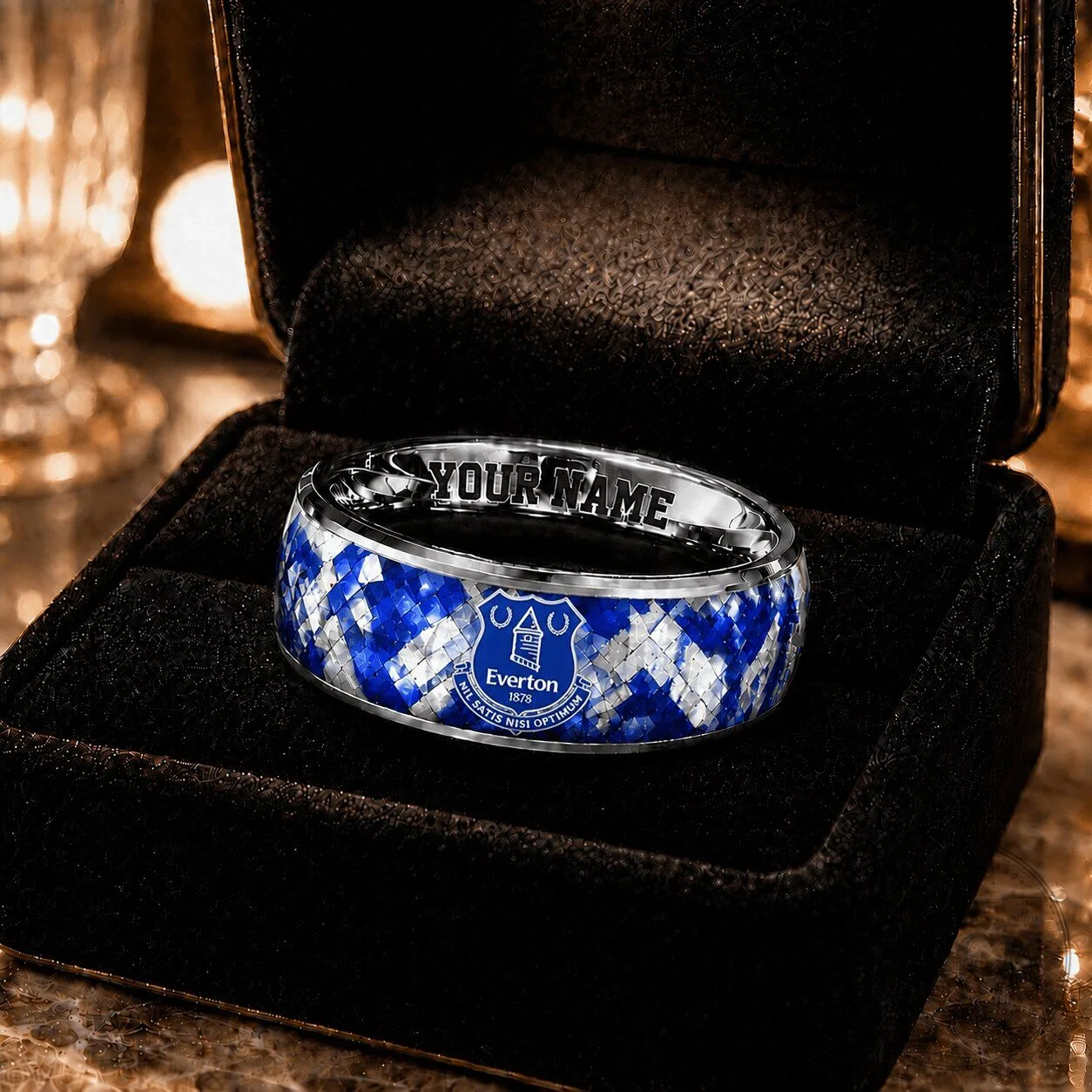 Everton Football Club Blue Diamond Pattern Ring with Custom Engraving