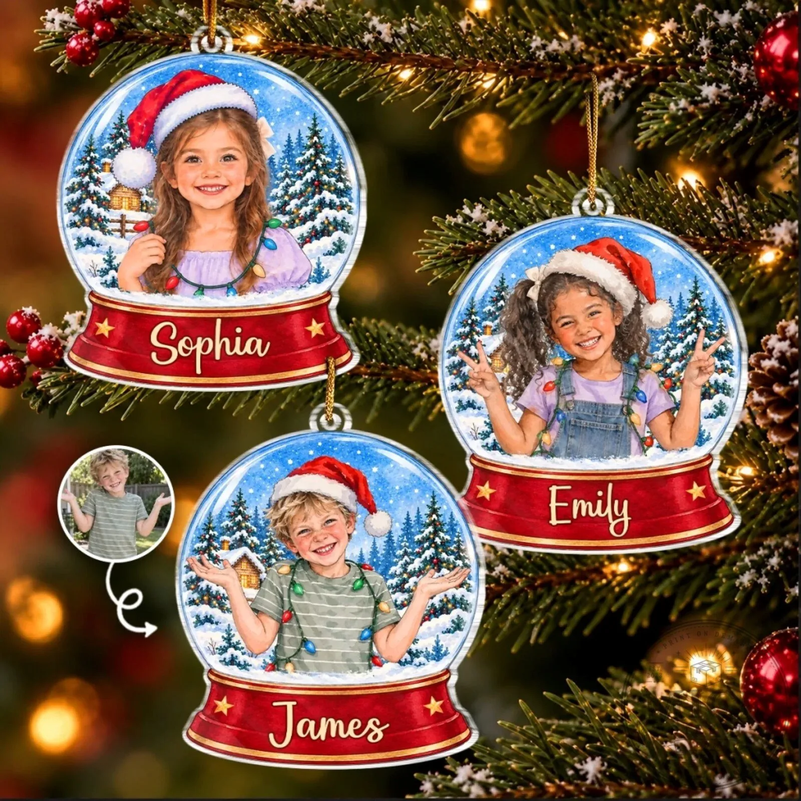 Personalized Photo Snow Globe Christmas Tree Ornament with Custom Name
