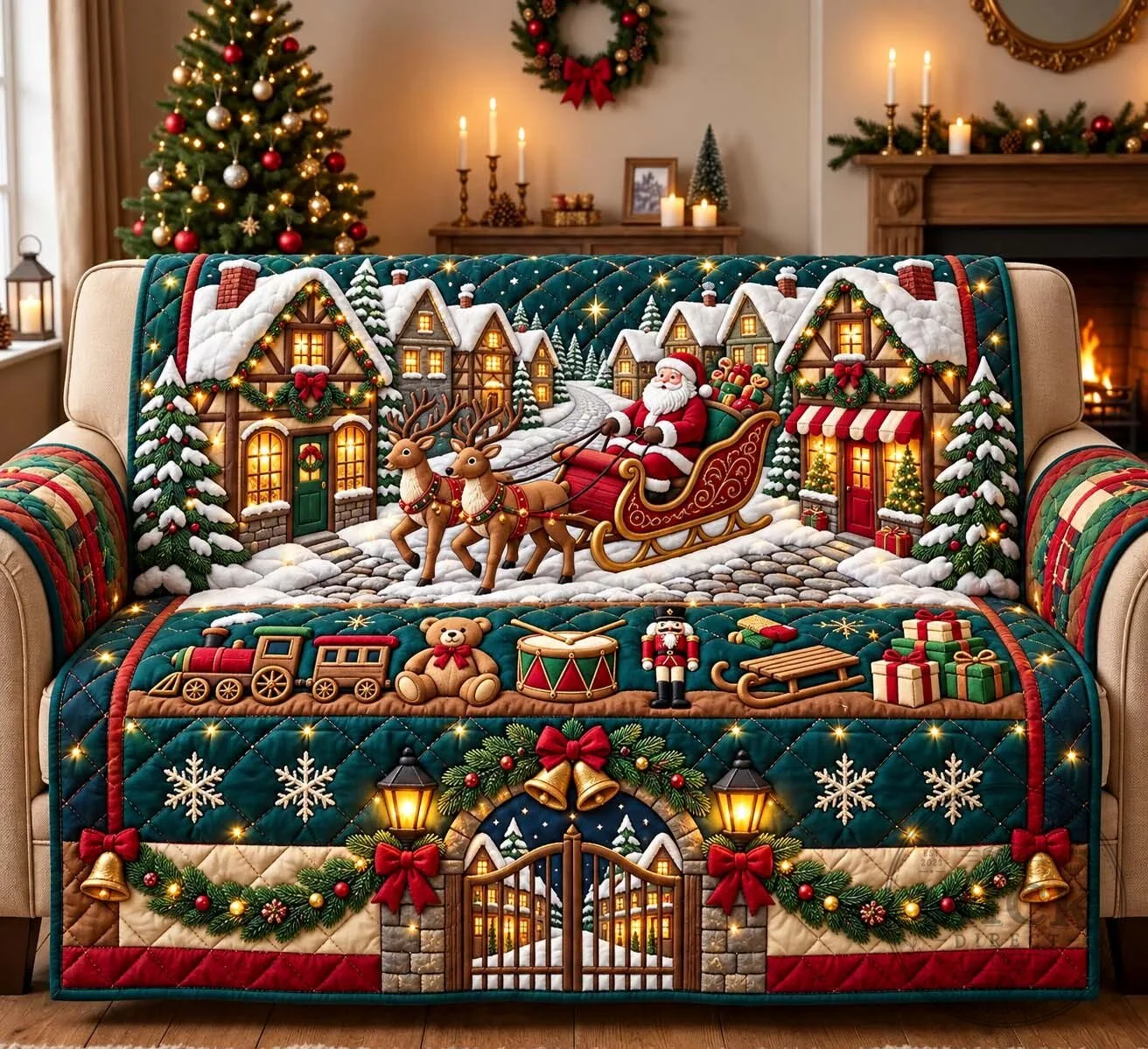 Christmas Village Sleigh Ride Quilted Sofa Cover for Holiday Home Decor 13 Christmas Village Sleigh Ride Quilted Sofa Cover for Holiday Home Decor