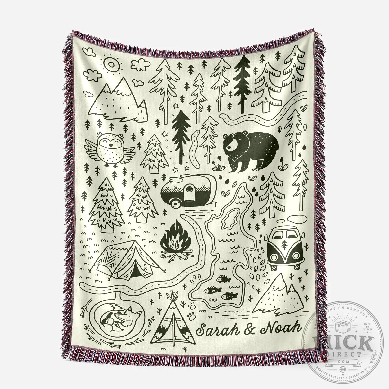 Personalized Camping Adventure Map Woven Blanket for Nature Lovers
