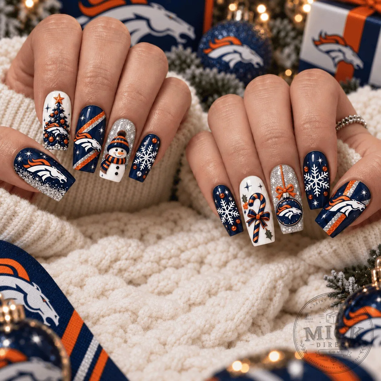 Denver Broncos Christmas Spirit Press On Nails Set with Snowflake and Snowman Designs