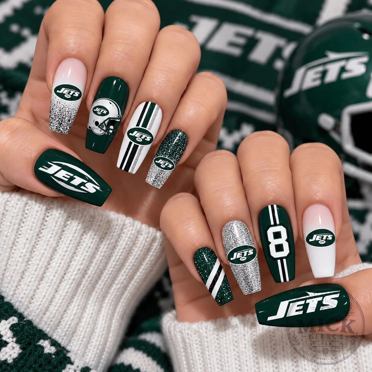 New York Jets Football Team Glitter Press On Nails Set