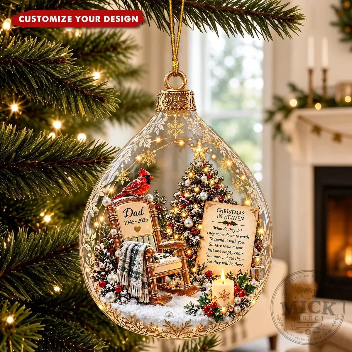 Christmas In Heaven Cardinal Memorial Personalized Glass Ornament