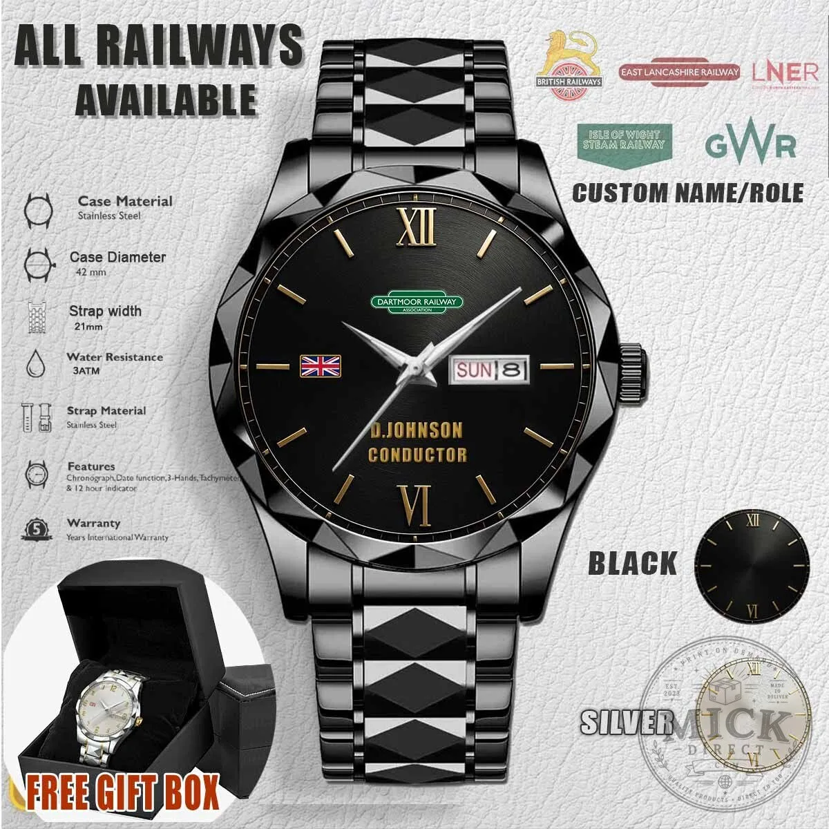 Dartmoor Railway Association Custom Engraved Stainless Steel Watch
