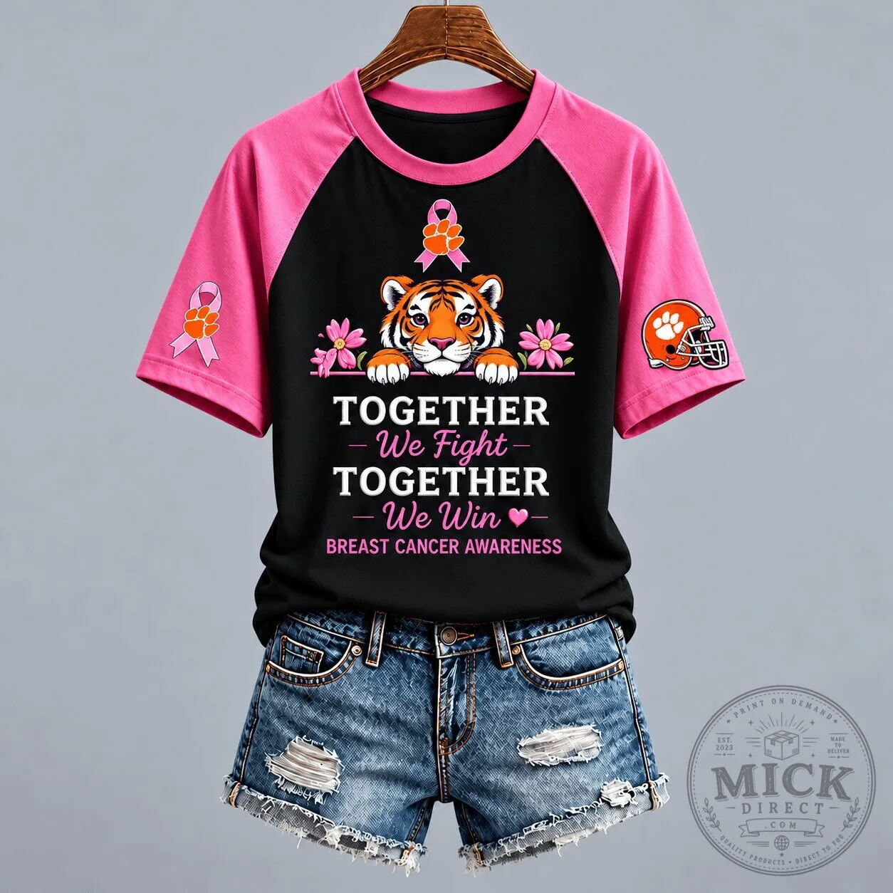 Breast Cancer Awareness Together We Fight Together We Win Tiger Raglan T-Shirt