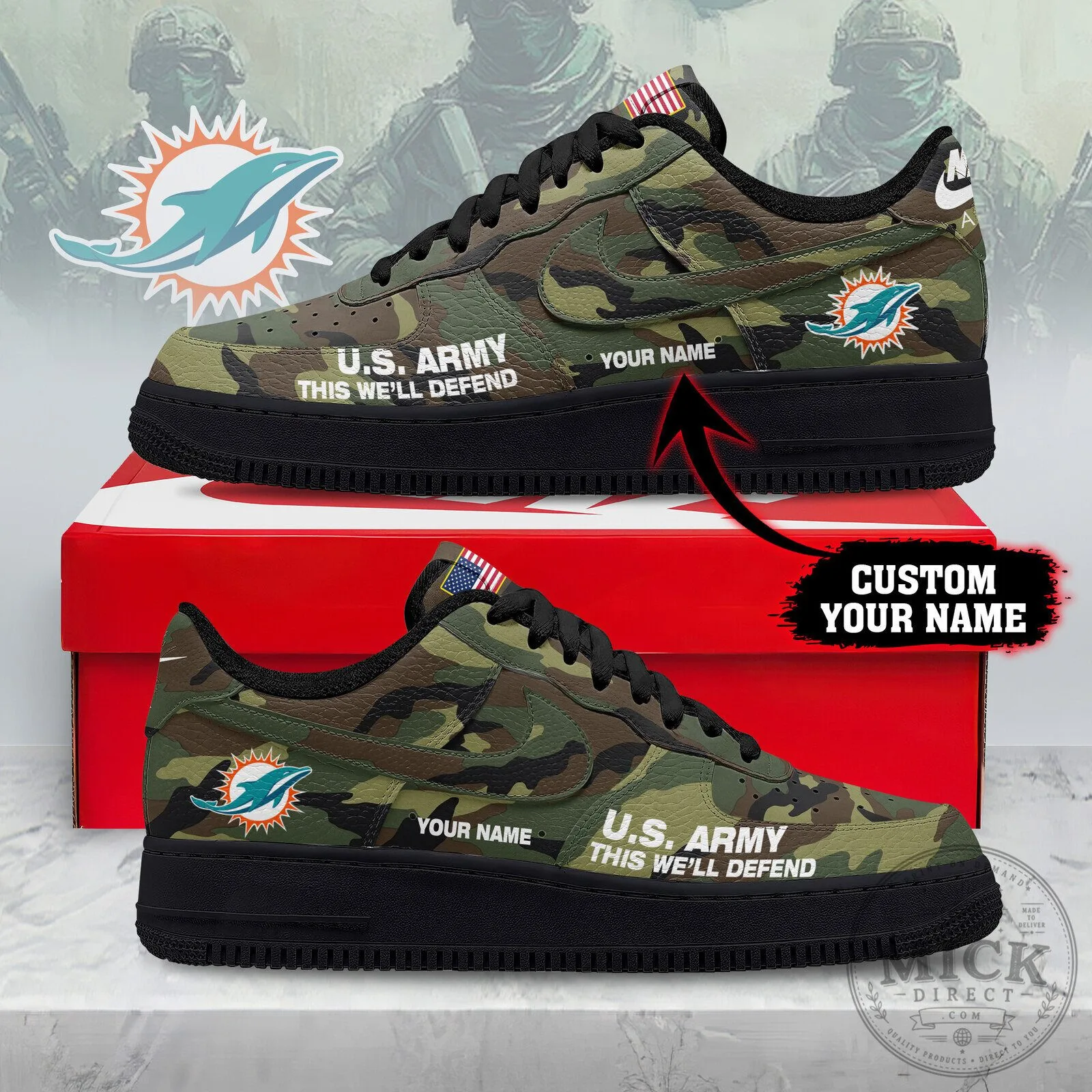 Miami Dolphins United States Army Camouflage Custom Name Sneakers