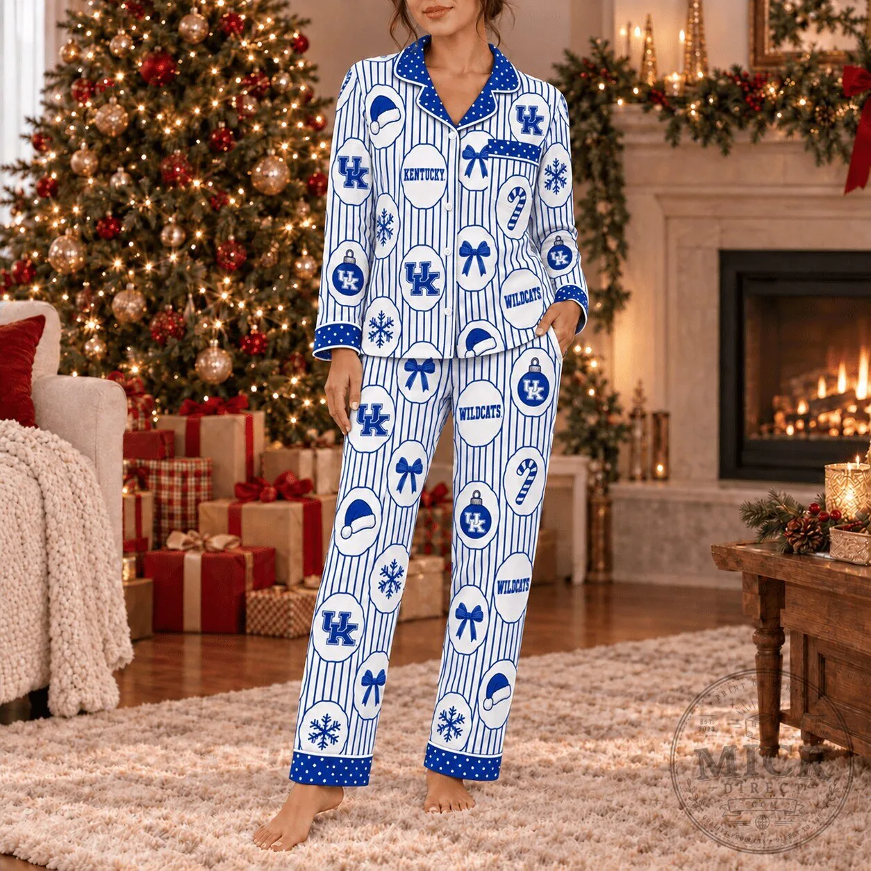 Kentucky Wildcats Christmas Holiday Striped Button-Up Pajamas Set