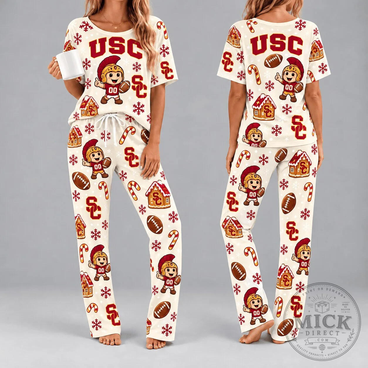 USC Trojans Christmas Holiday Football Gingerbread House Women's Pajamas Set