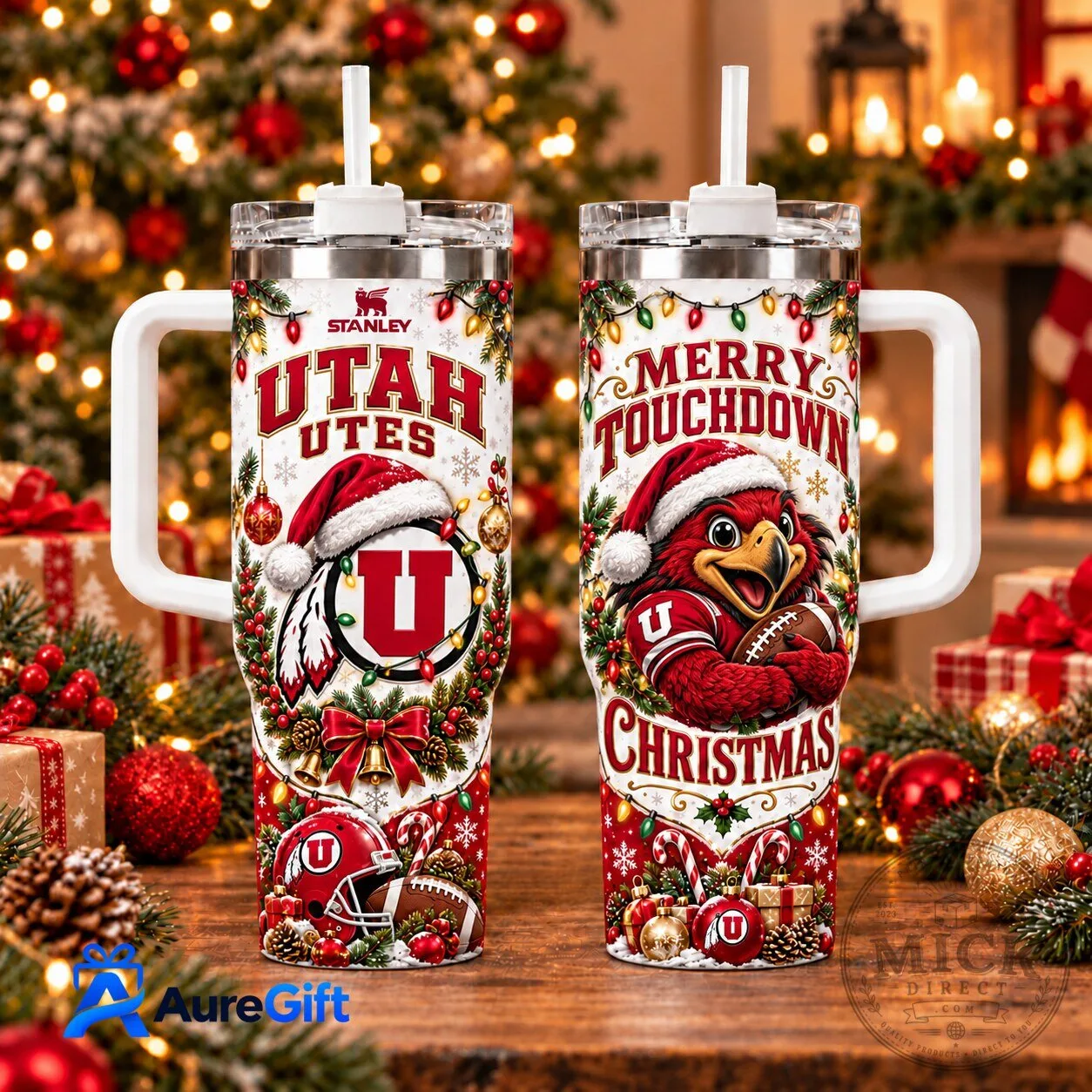 Christmas Holiday Stainless Steel Tumbler Featuring Utah Utes Merry Touchdown Design