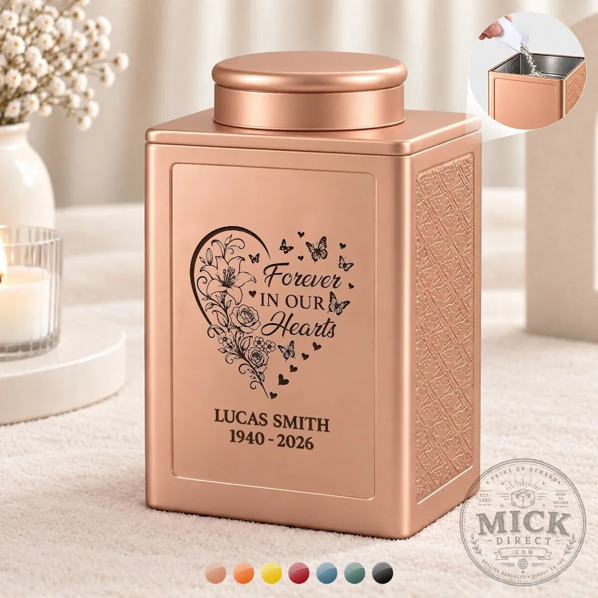Personalized Forever In Our Hearts Rose Gold Memorial Urn for Human Ashes