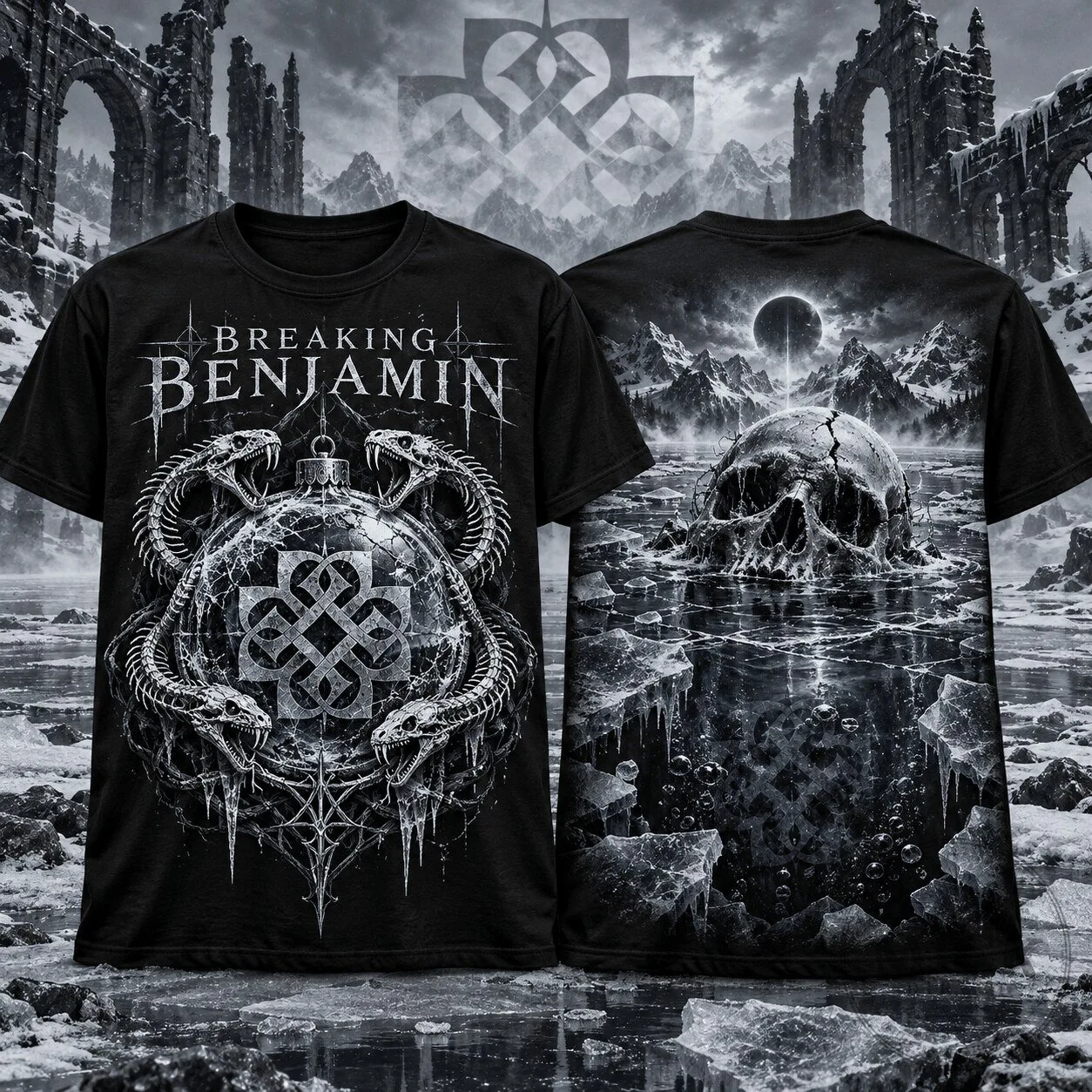 Breaking Benjamin Frozen Skull Eclipse Design Black Graphic T-Shirt