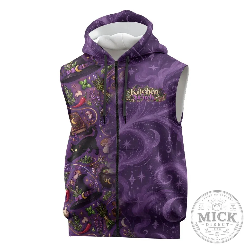 Kitchen Witch Mystical Wiccan Magic Herb Cauldron Black Cat Sleeveless Hoodie