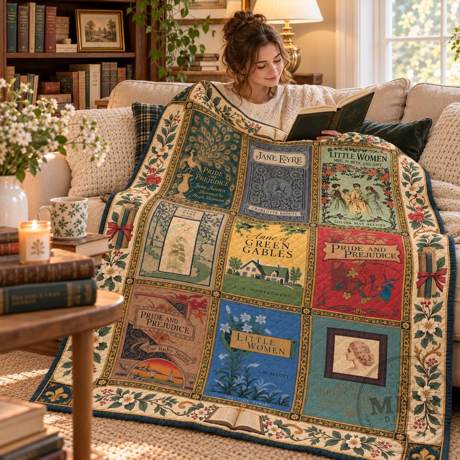 Classic Novels Book Covers Collection Quilted Blanket for Book Lovers