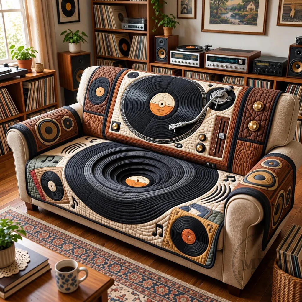 Retro Turntable Record Player Quilted Sofa Slipcover for Living Room Decor 55 Retro Turntable Record Player Quilted Sofa Slipcover for Living Room Decor