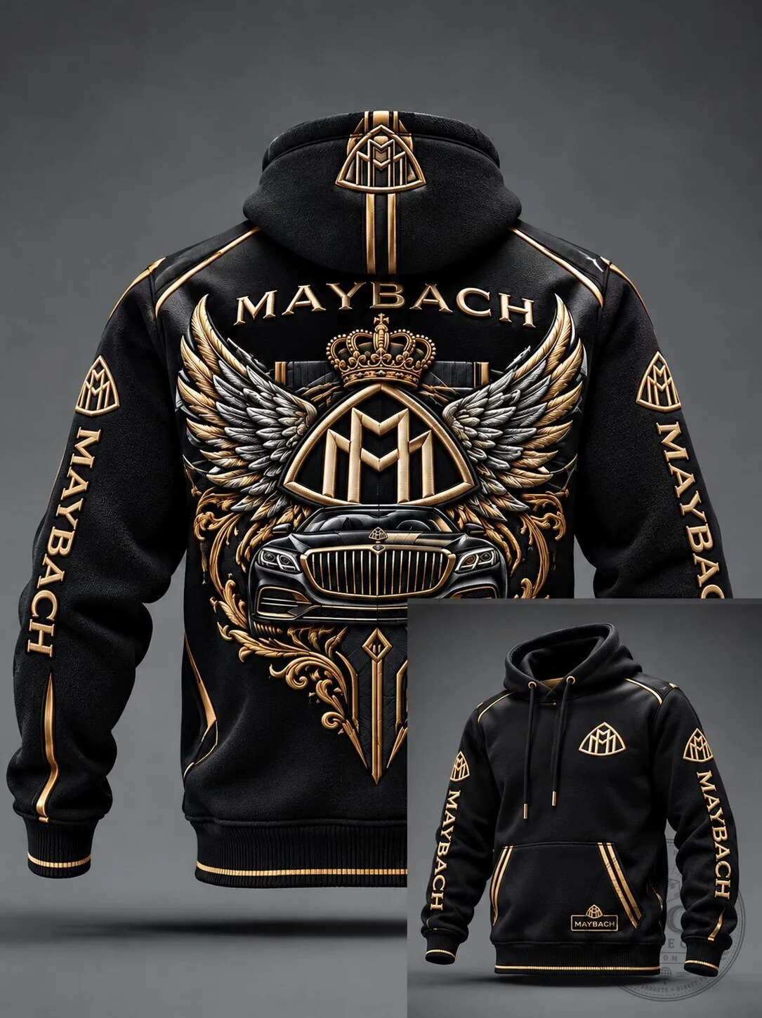 Maybach Luxury Car Gold Winged Emblem Black Pullover Hoodie