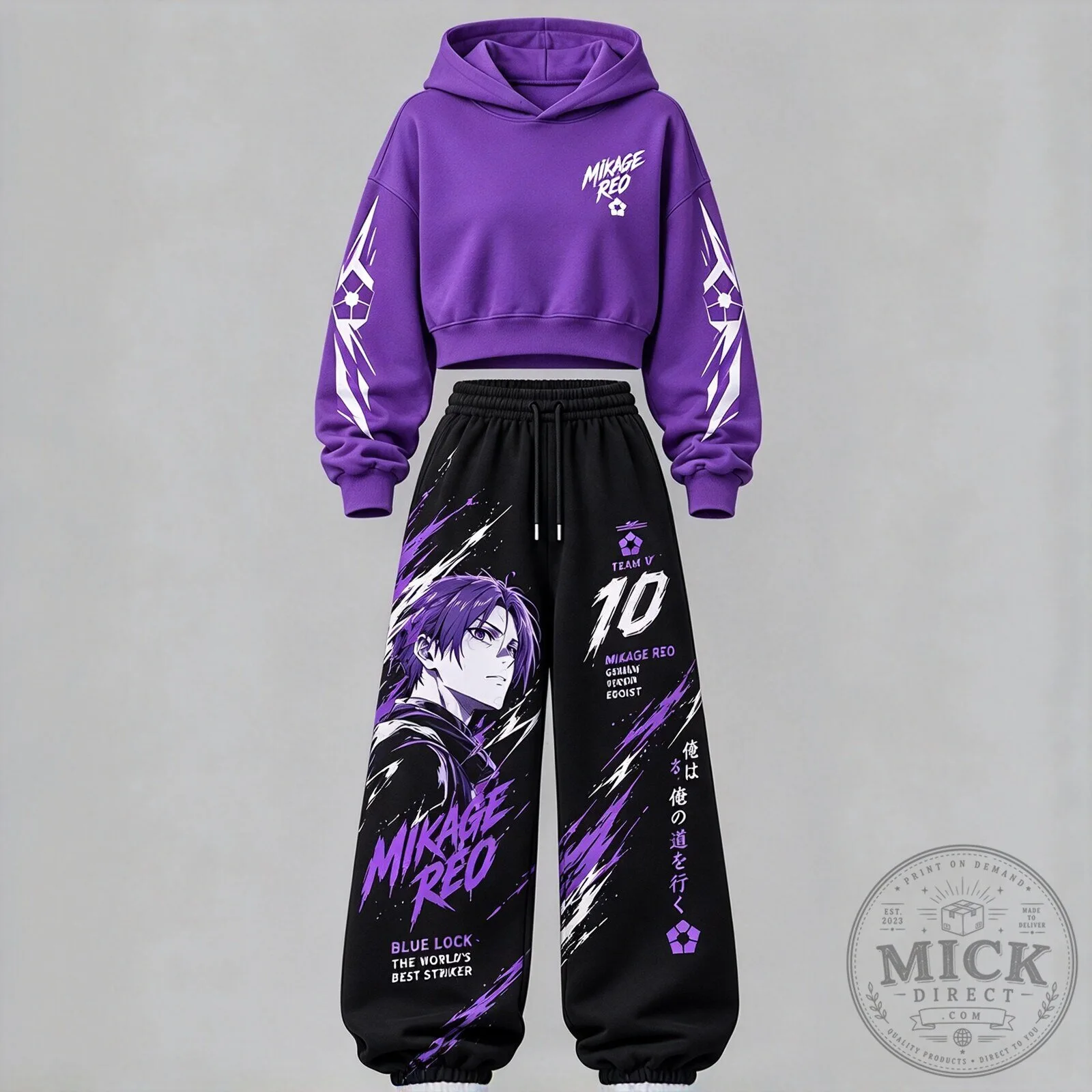 Blue Lock Mikage Reo Anime Character Purple Cropped Hoodie and Sweatpants Set