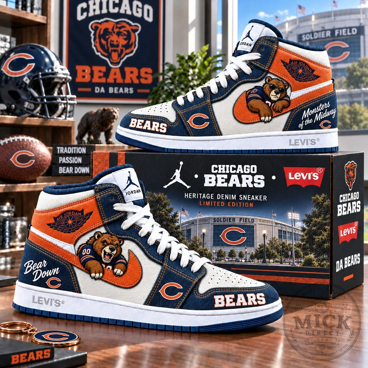 Chicago Bears NFL Heritage Denim High-Top Sneakers with Bear Mascot Design