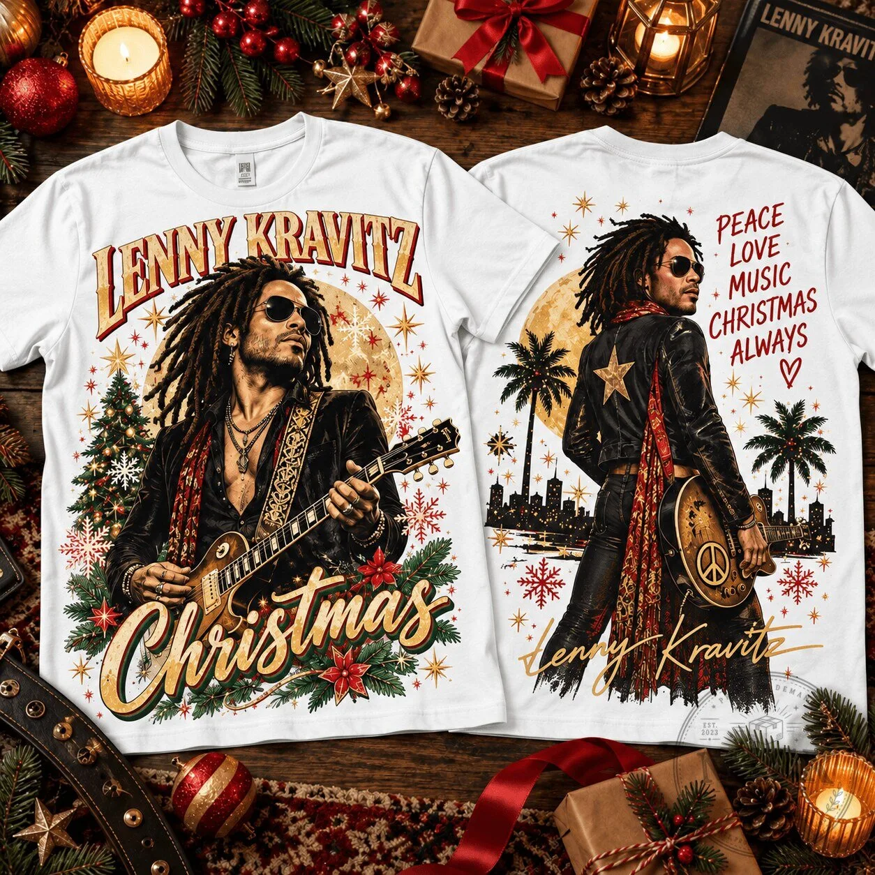 Lenny Kravitz Christmas Music Graphic White T-Shirt for Dedicated Fans
