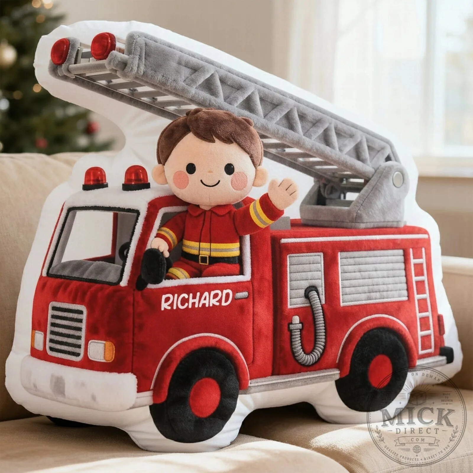Personalized Fire Truck with Firefighter Boy Plush Pillow for Kids