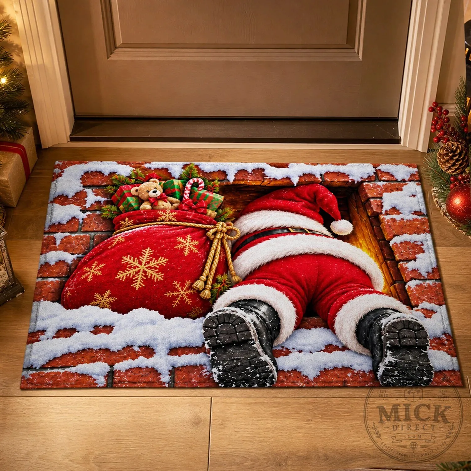 Funny Santa Claus Stuck In Chimney Christmas Holiday Welcome Doormat
