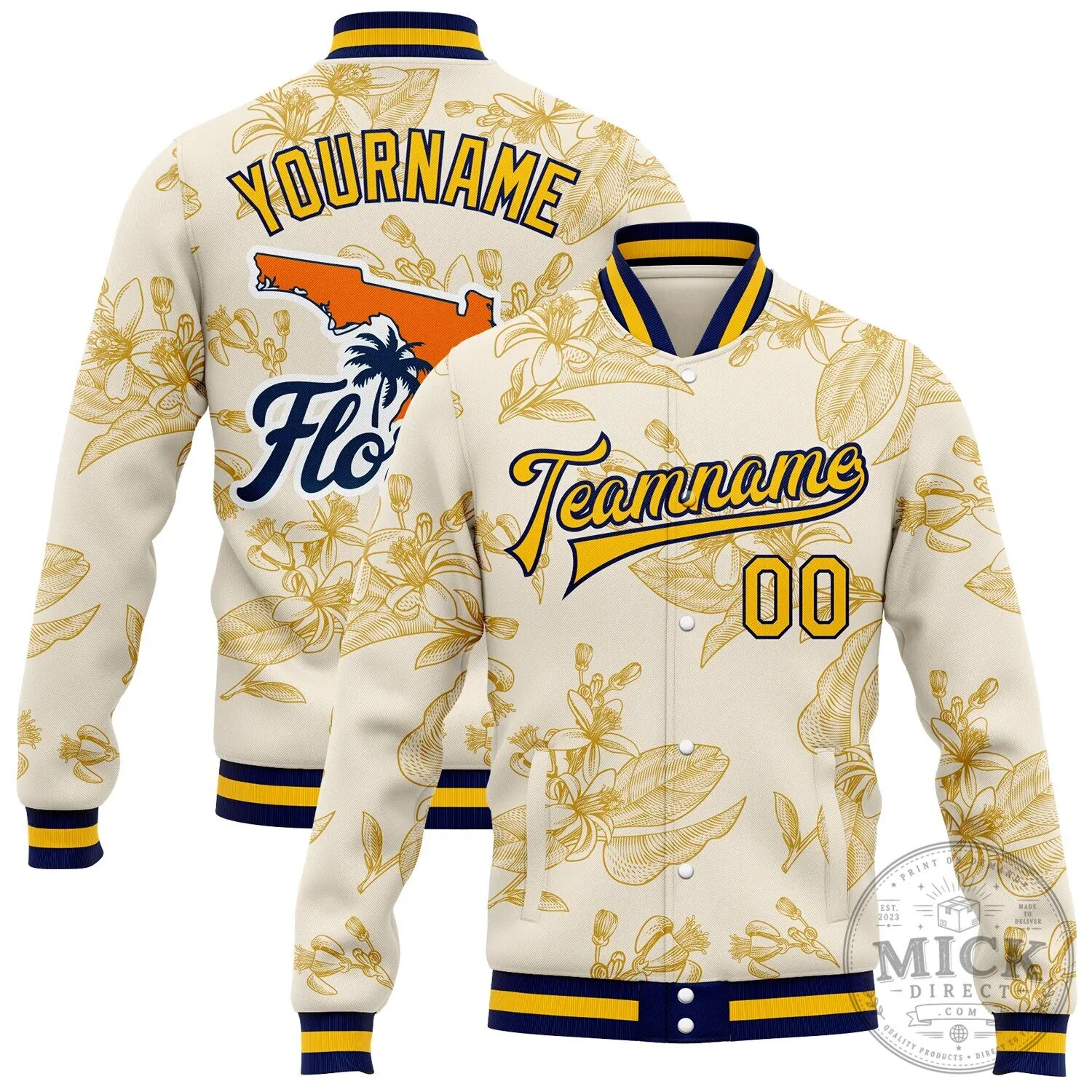 Custom Florida Orange Blossom Cream Gold Navy Varsity Letterman Jacket