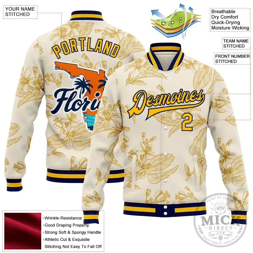 Custom Florida Orange Blossom Cream Gold Navy Varsity Letterman Jacket 11 Custom Florida Orange Blossom Cream Gold Navy Varsity Letterman Jacket