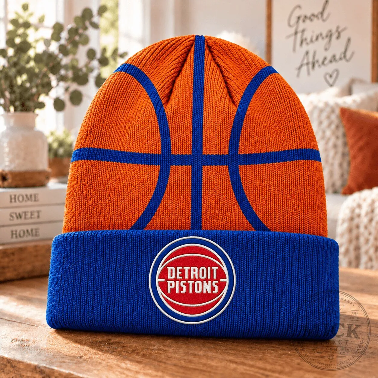 Detroit Pistons NBA Basketball Team Logo Orange and Blue Beanie Hat