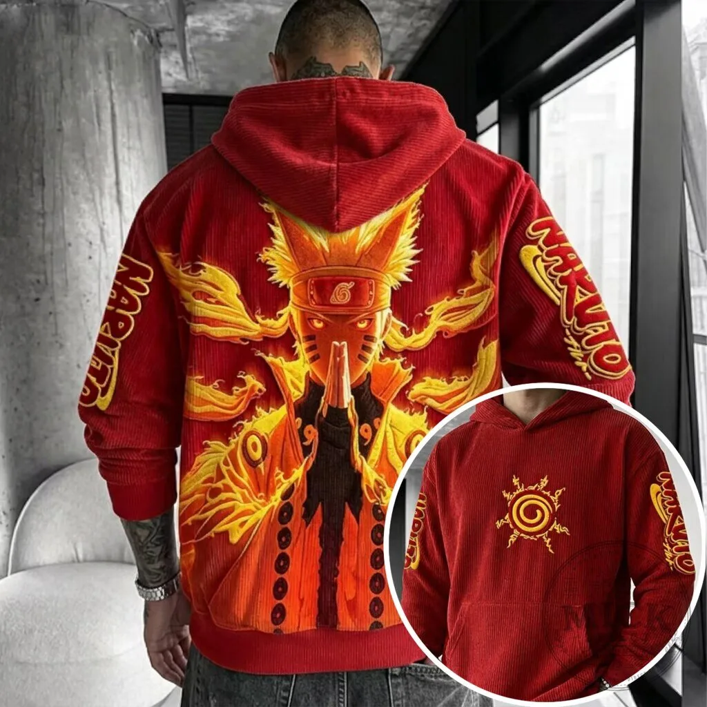 Anime Corduroy Hoodie featuring Naruto Uzumaki in Nine-Tailed Fox Sage Mode