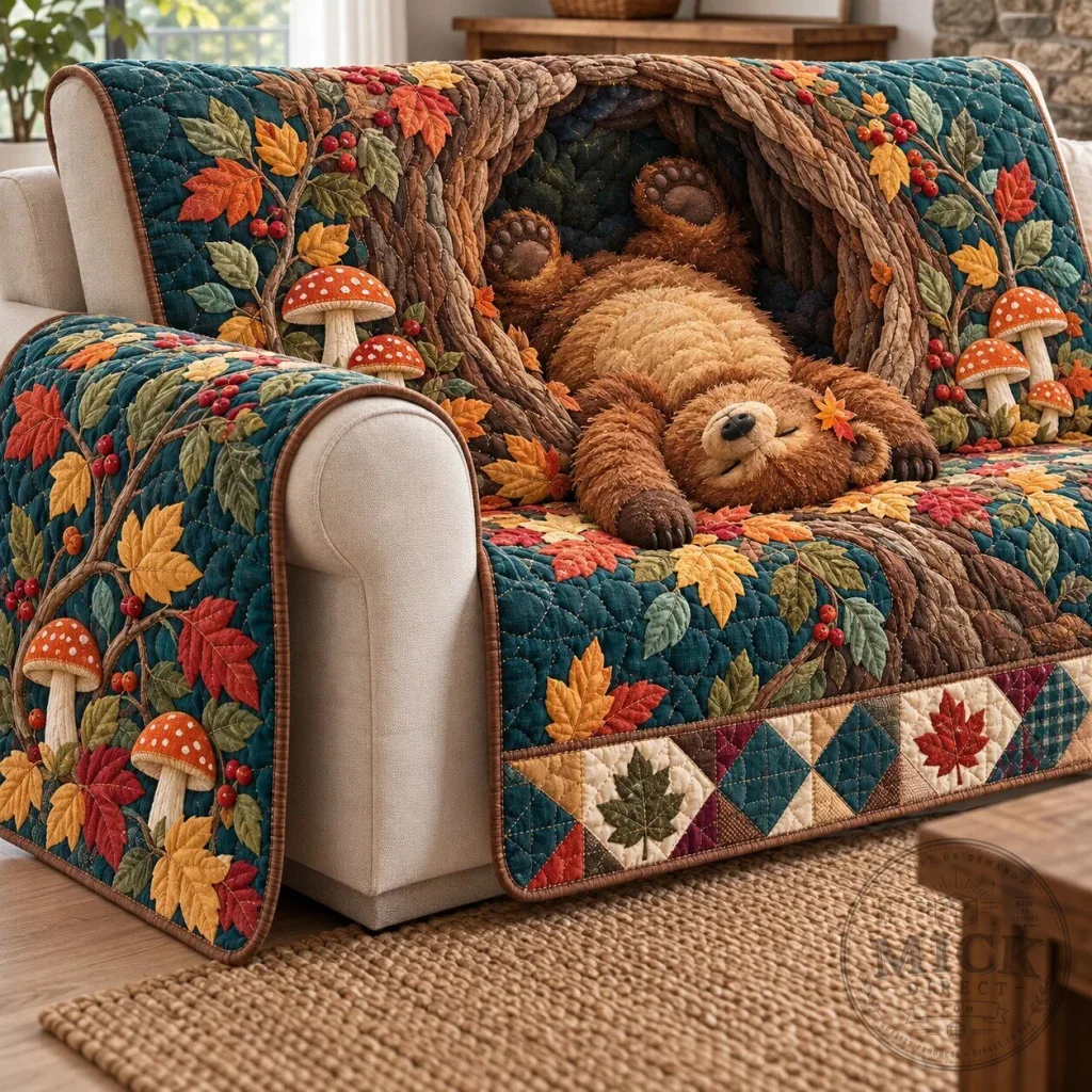 Woodland Bear Hideaway Autumn Leaves Quilted Sofa Cover Woodland Bear Hideaway Autumn Leaves Quilted Sofa Cover