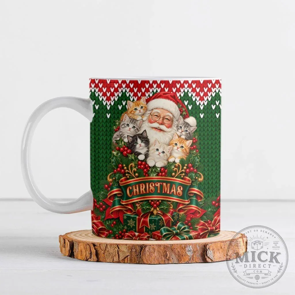 Santa Claus Kittens Christmas Ugly Sweater Pattern Ceramic Mug
