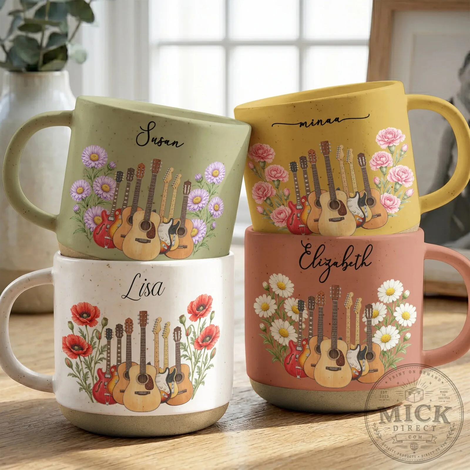Personalized Guitar Player Birth Flower Mug - Custom Name Gift for Musicians