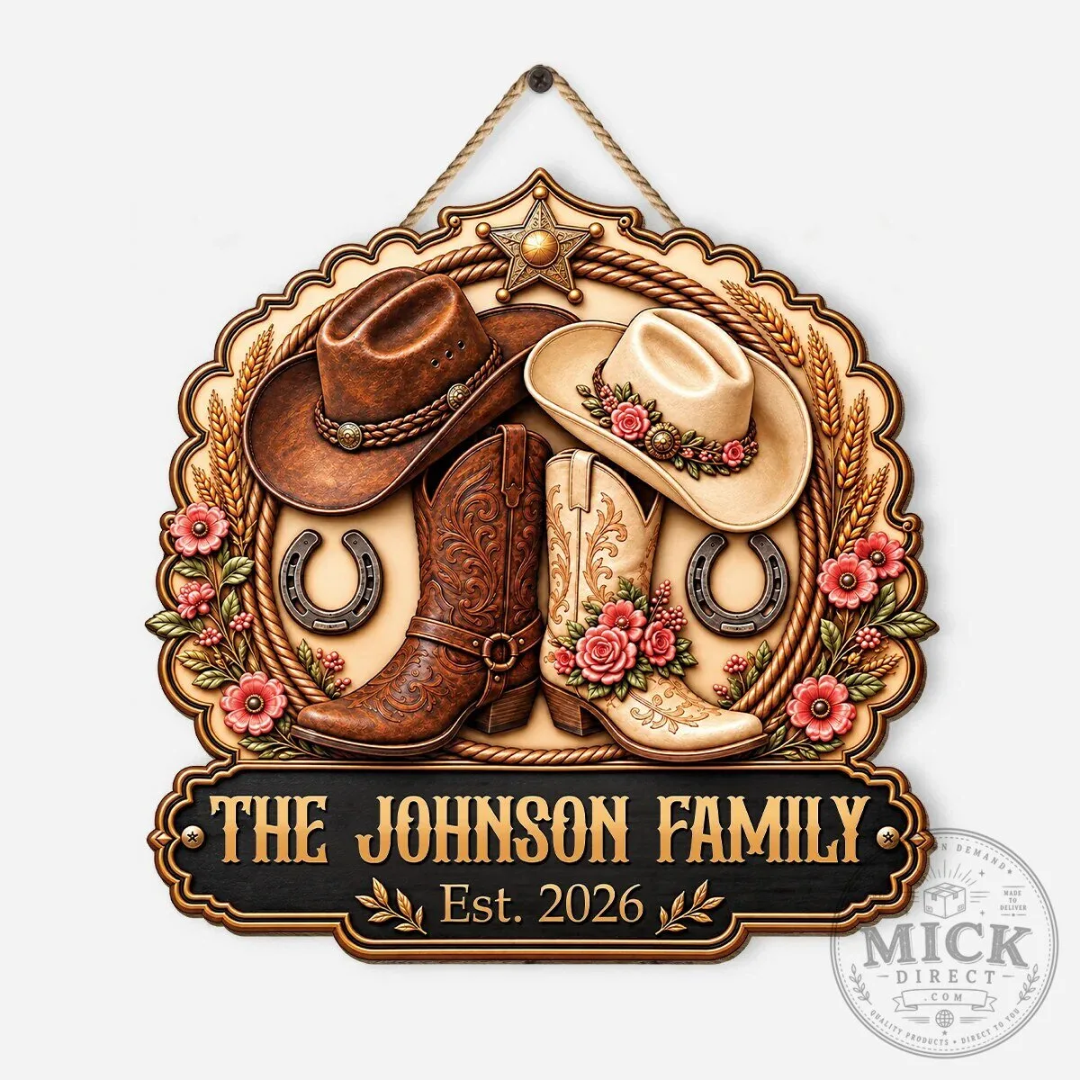 Personalized Cowboy Boots and Hats Family Name Wood Sign