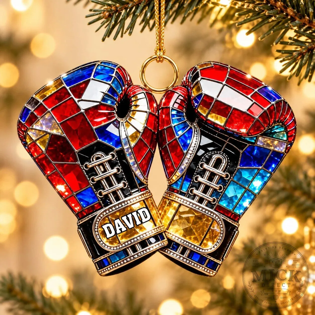 Personalized Stained Glass Boxing Gloves Christmas Tree Ornament