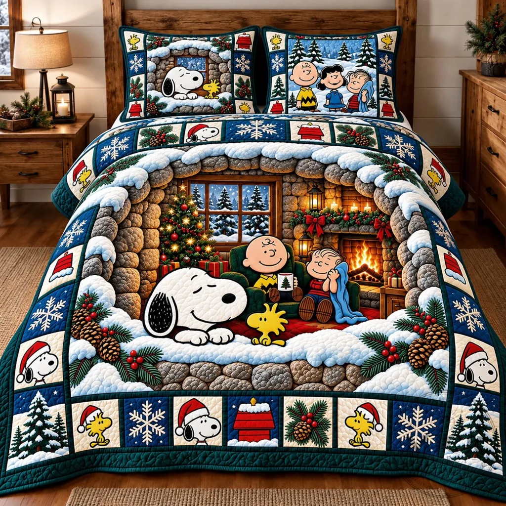 Quilted Bedding Set featuring Snoopy in a Winter Holiday Scene from Peanuts Quilted Bedding Set featuring Snoopy in a Winter Holiday Scene from Peanuts