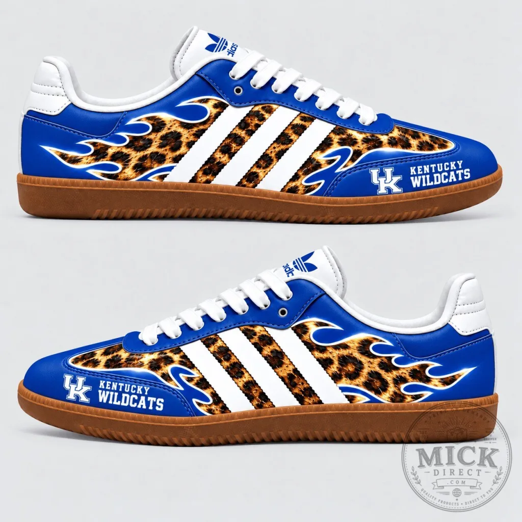 Kentucky Wildcats Leopard Print Flames Pattern Blue and White Sneakers Shoes Kentucky Wildcats Leopard Print Flames Pattern Blue and White Sneakers Shoes