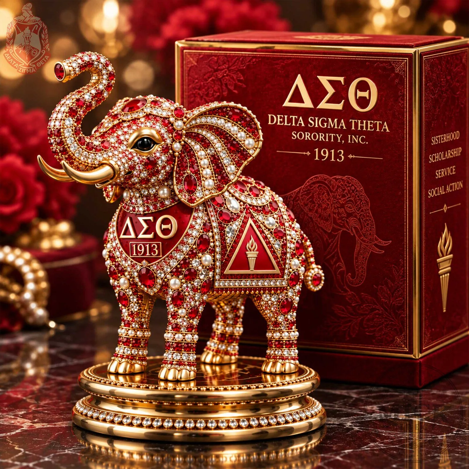 Delta Sigma Theta Sorority Elephant Figurine with Red and Gold Jewels 3 Delta Sigma Theta Sorority Elephant Figurine with Red and Gold Jewels