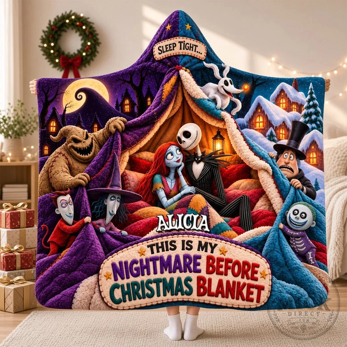 Nightmare Before Christmas Jack Skellington Sally Personalized Hooded Blanket