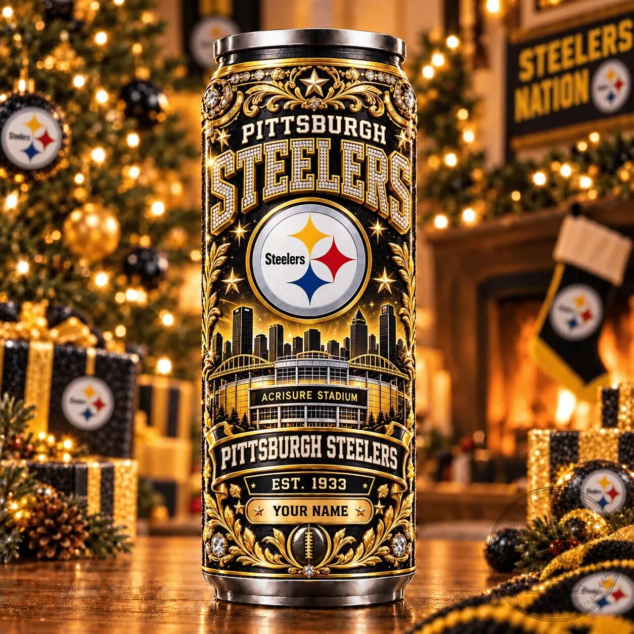 Pittsburgh Steelers NFL Personalized Acrisure Stadium Black and Gold Tumbler